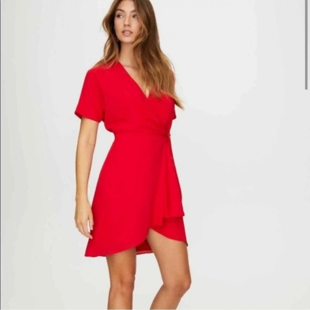 Babaton Aritzia Wallace Red Short Sleeve Tie Mini Wrap Dress